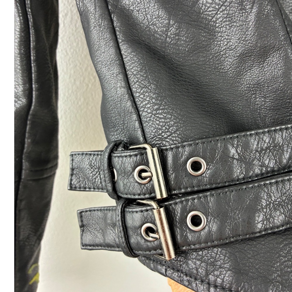 Boho Floral Embroidered Moto Jacket Black Faux Leather Studded Biker Size S - Picture 9 of 11